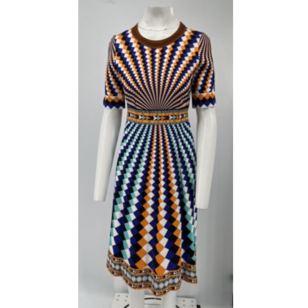 Mary Katrantzou Blue/Orange Abstract Print Short Sleeve A-Line Midi Dress sz 6